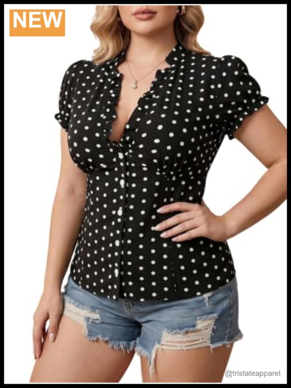Plus Size Polka Dots Puff Sleeve Y2K Button Down Blouse